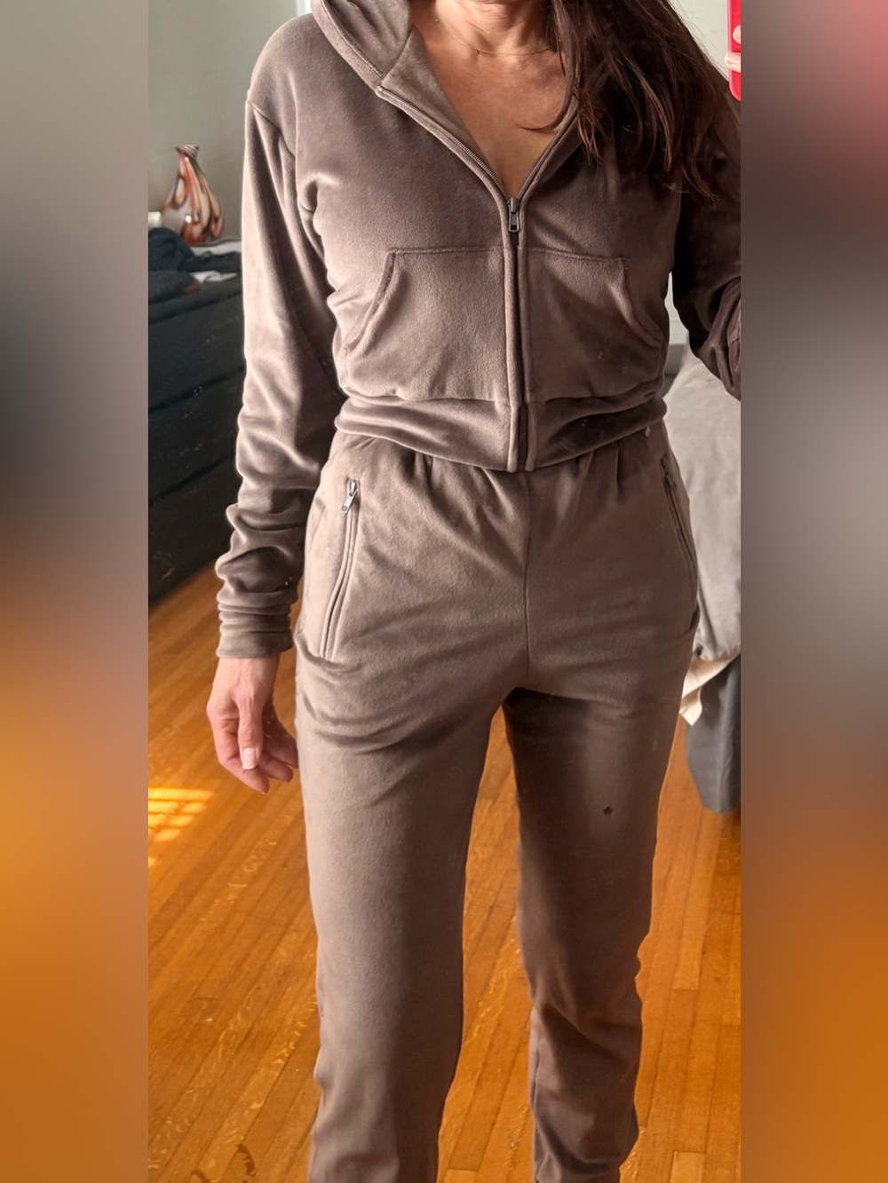 SKIMS light Brown Velour zip hoodie and pant set